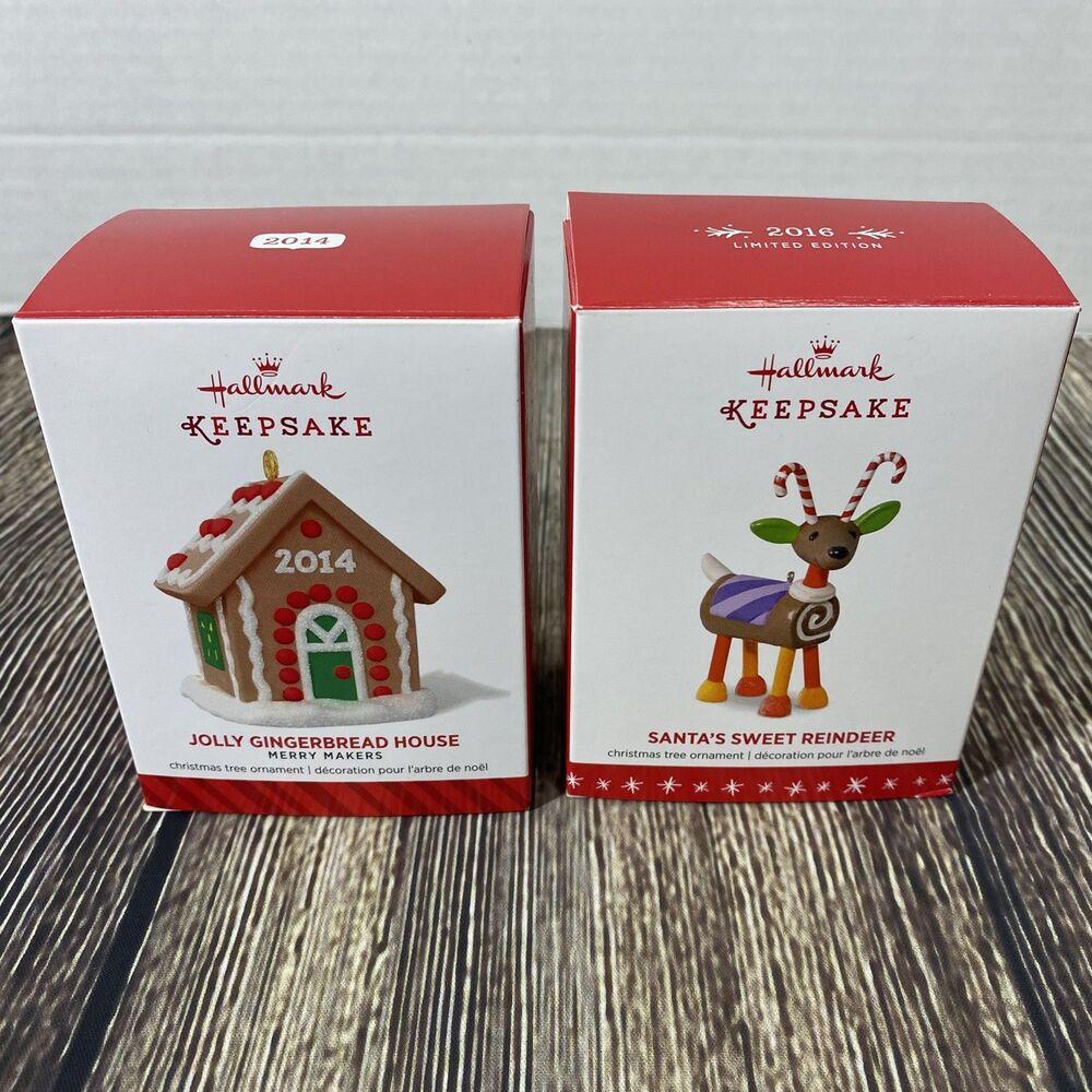 Hallmark Lot of 2 'Jolly Gingerbread House' & Santas Sweet Reindeer Ornaments